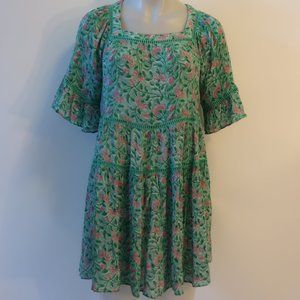 Womens Kos Resort Green Pink Floral Mini Tunic Dress XS *